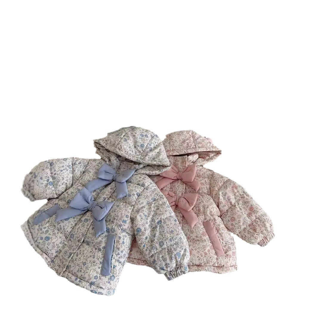 Winter Fashion Baby Floral Print Winter Bow Hooded Jacket