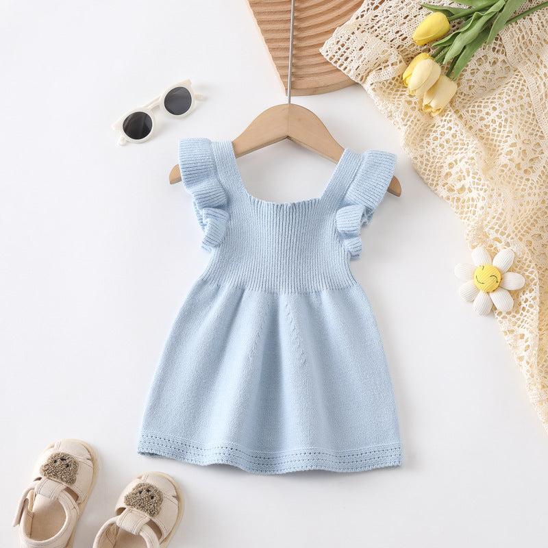 Girls' Stringy Selvedge Dress Flounced Sleeve Knitted Vest